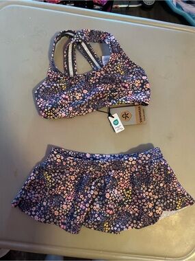 Girls' Floral Navy Two-Piece Swim Set with Skirt